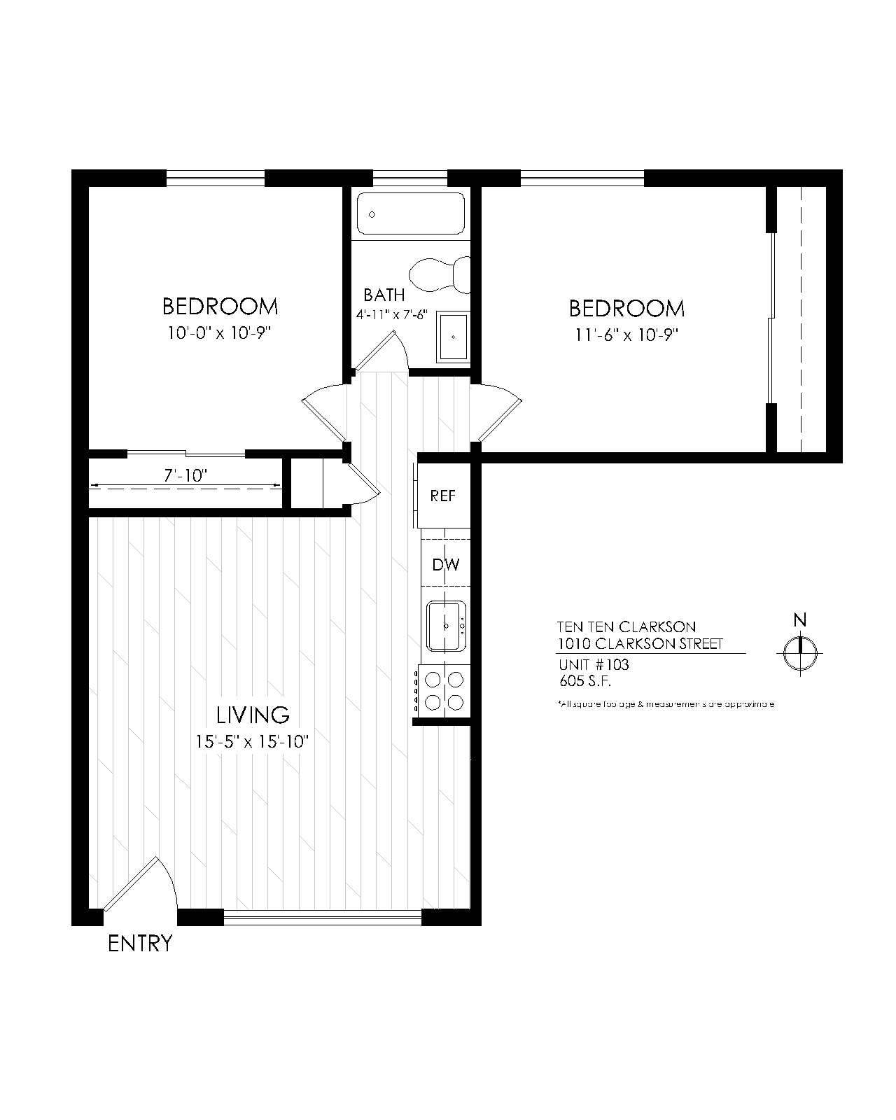 Floor plan for 2 beds, 1 bath, 605 sqft